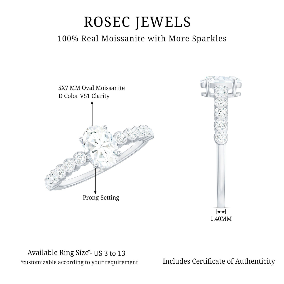 Oval cut moissanite engagement ring with side stones, crafted by Rosec Jewels, showcasing a sparkling, elegant jewelry design.