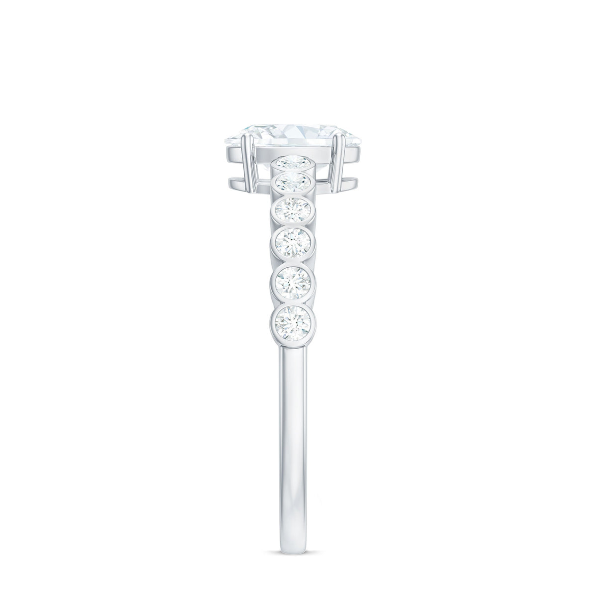 Oval cut moissanite engagement ring with side stones from Rosec Jewels showcasing the sparkling ring design.