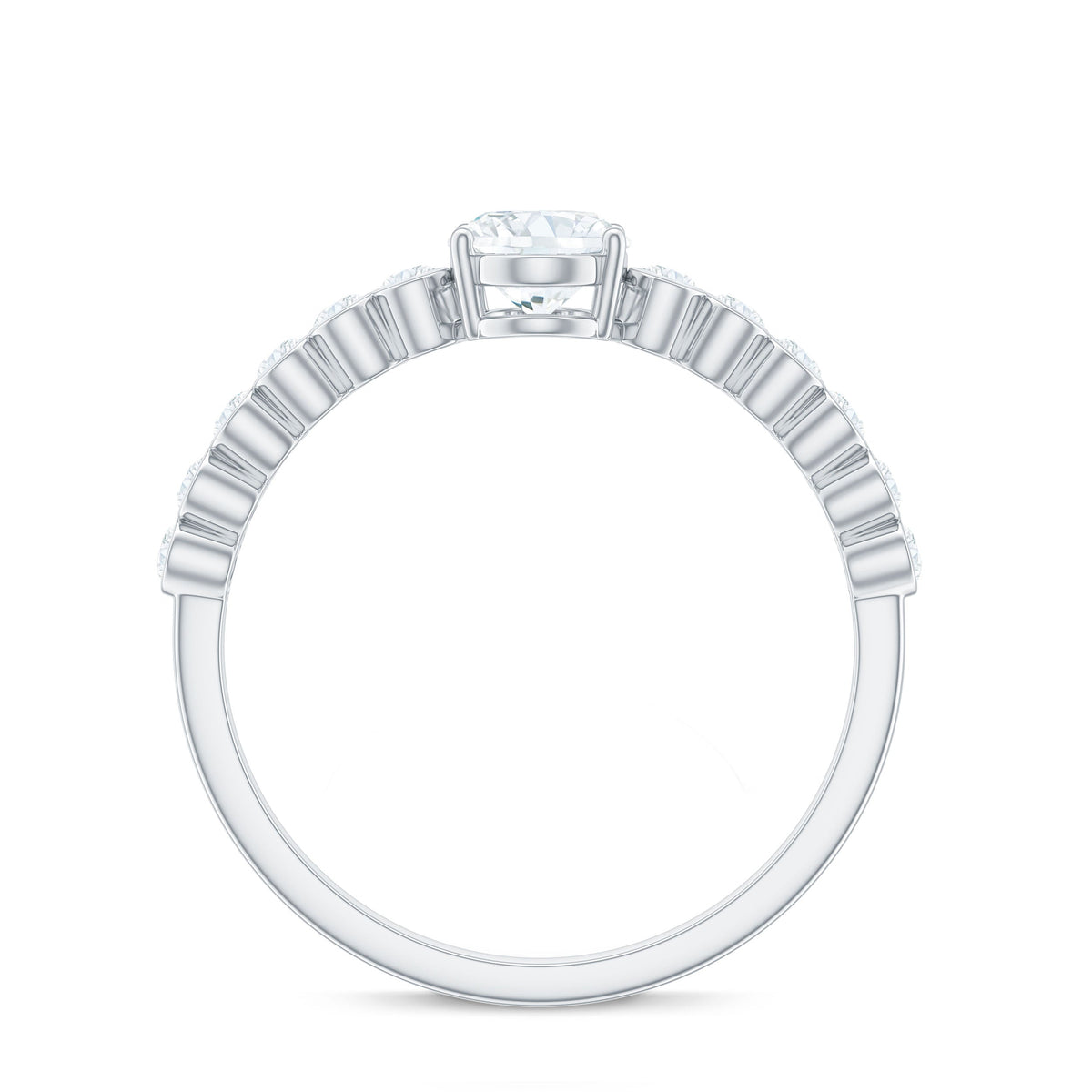 Oval cut Moissanite engagement ring with side stones featuring a sleek band and sparkling center stone, by Rosec Jewels.