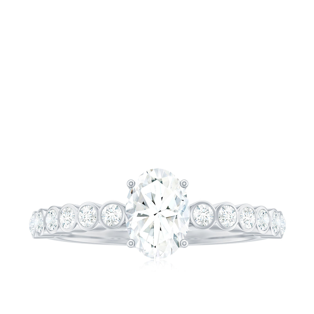 Oval cut Moissanite engagement ring with side stones, featuring a sparkling band and intricate design by Rosec Jewels.