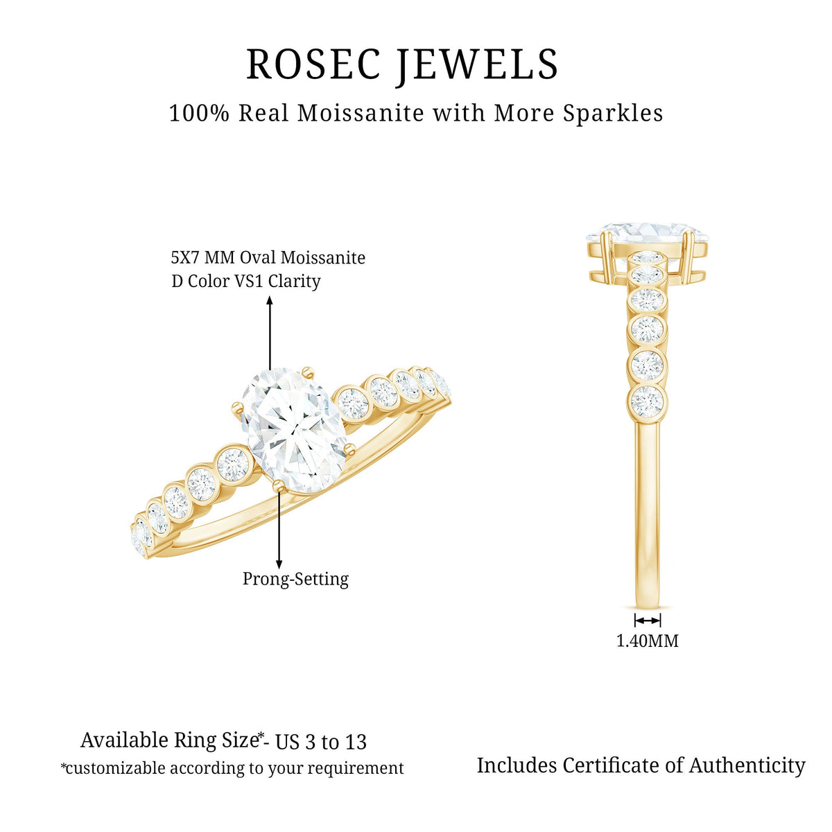 Oval cut moissanite engagement ring with side stones, featuring a polished band and sparkling gemstone accents.
