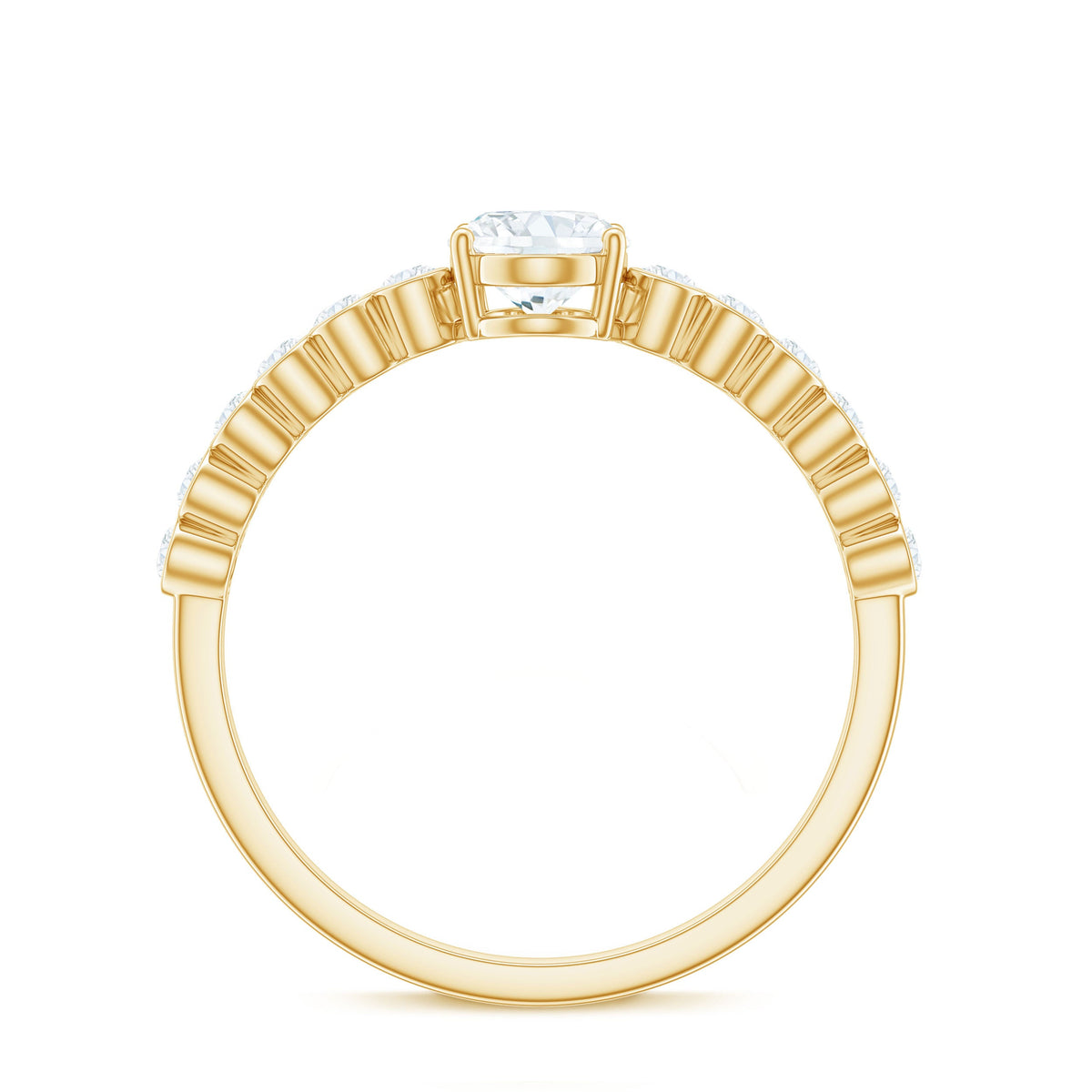 Oval cut moissanite engagement ring with side stones, featuring a silver band and intricate detailing, by Rosec Jewels.