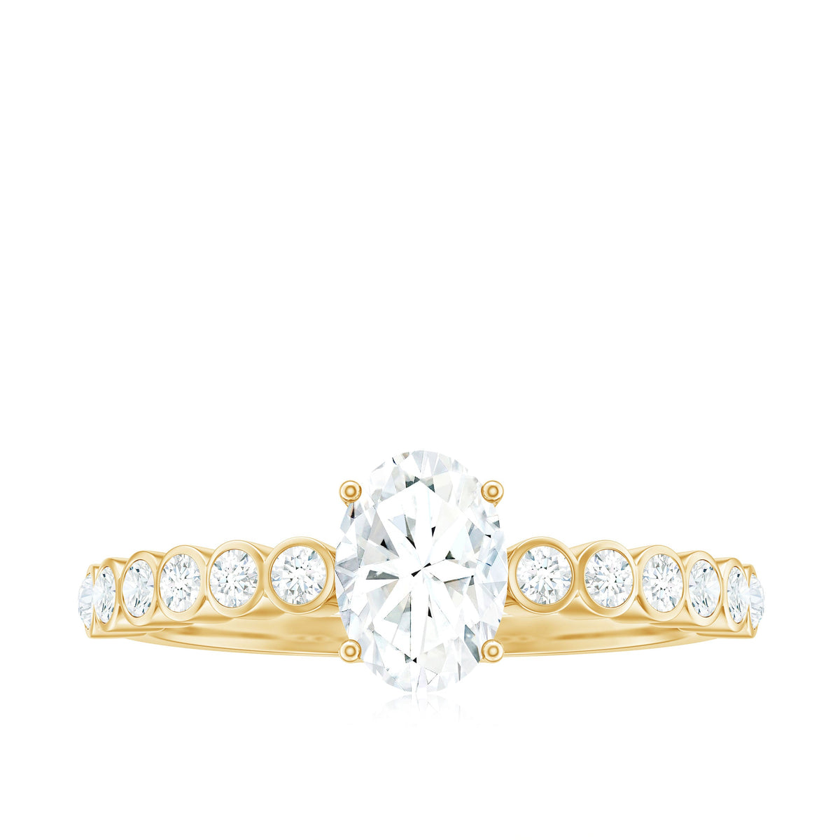 Oval cut moissanite engagement ring with side stones, featuring a polished band and intricate detailing by Rosec Jewels.