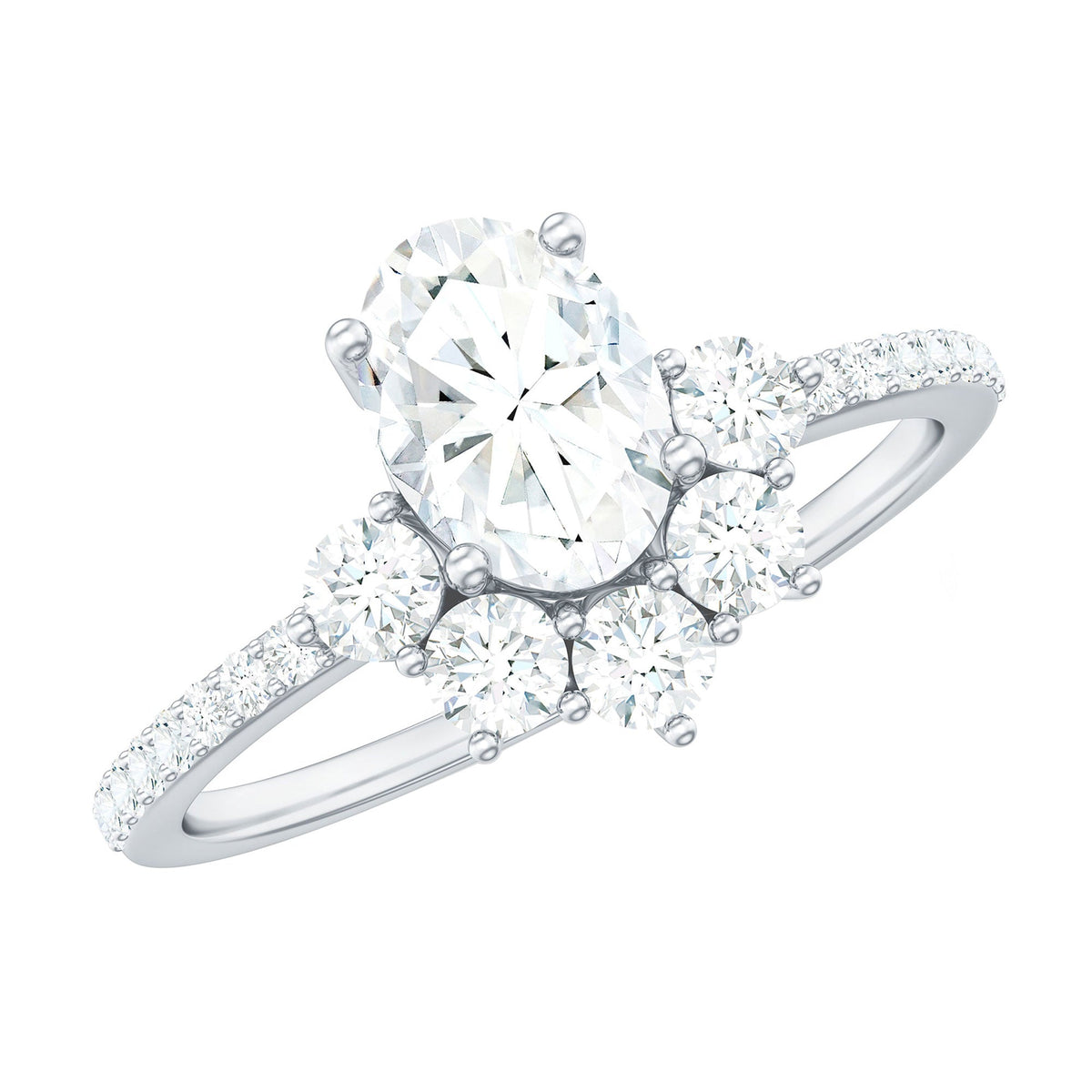 Rosec Jewels 2 CT oval cubic zirconia engagement ring with half halo setting, showcasing sparkling stones and intricate band details.