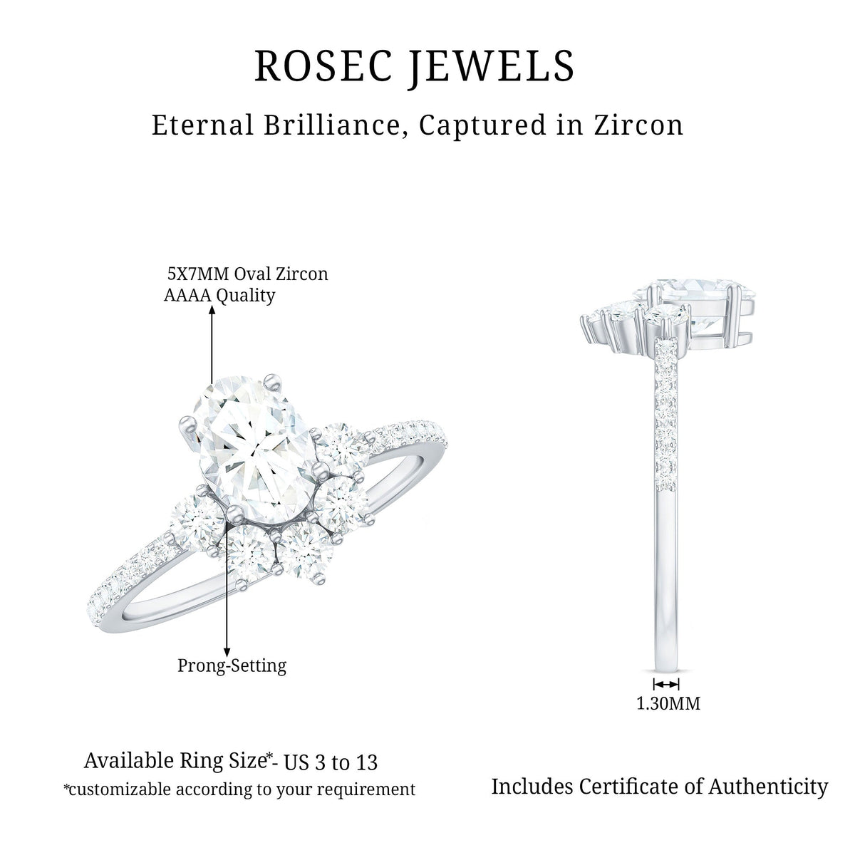 Rosec Jewels 2 CT oval cubic zirconia engagement ring with half halo, showcasing sparkling center stone and elegant band design.