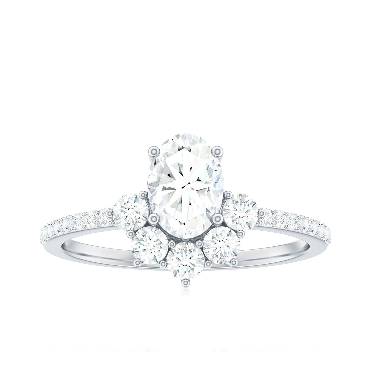 Oval cubic zirconia engagement ring with half halo setting and rose gold band from Rosec Jewels, showcasing sparkling stones and detailed design.
