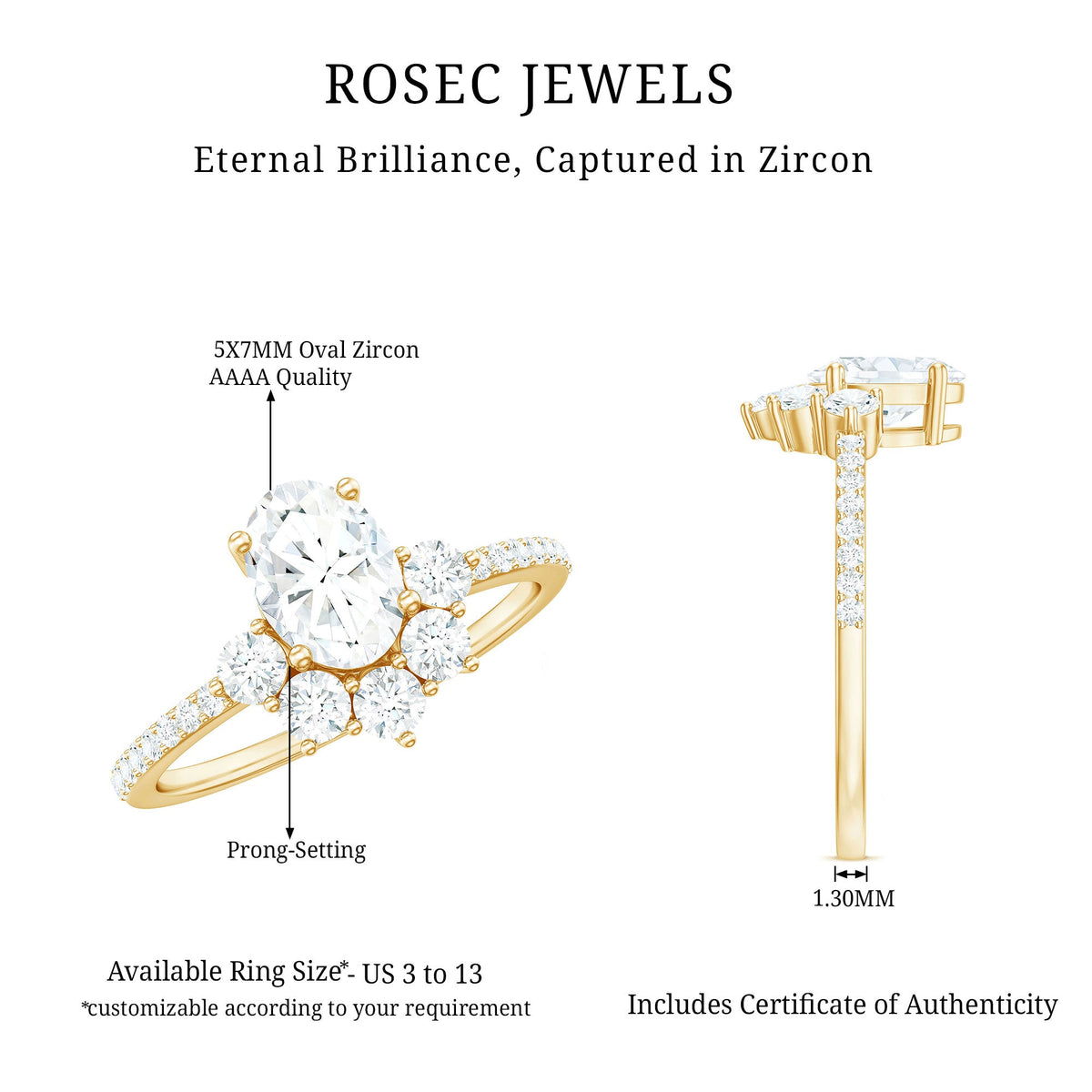 Oval cubic zirconia engagement ring with half halo design by Rosec Jewels, featuring a sparkling central stone and intricate band.