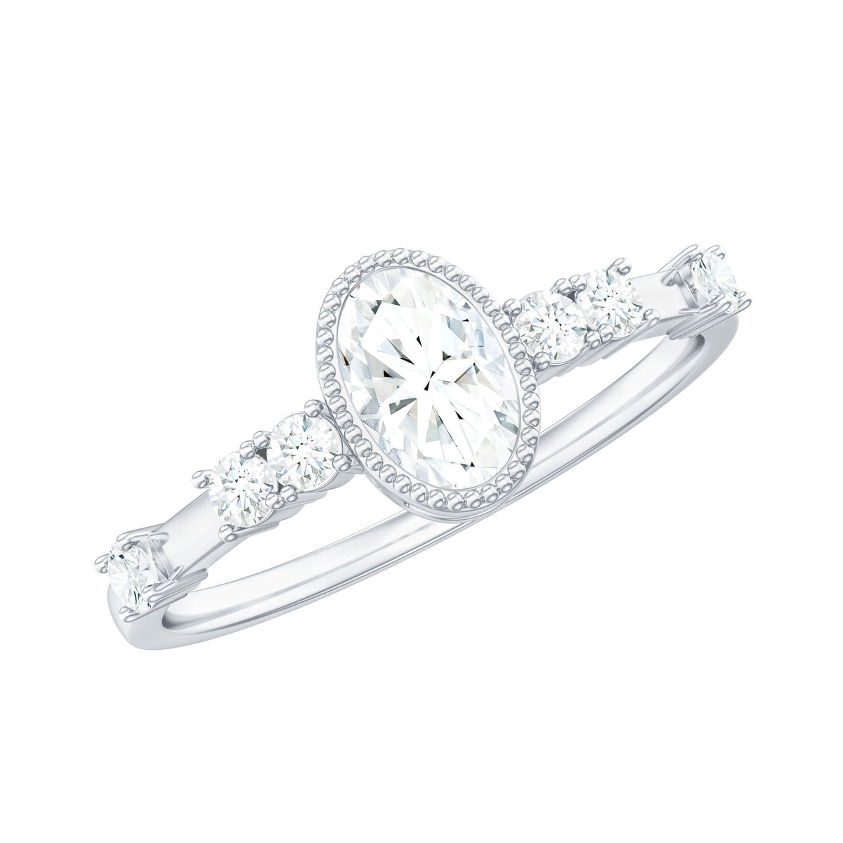 Oval shape zircon solitaire engagement ring with side stones, crafted by Rosec Jewels, featuring a sparkling central gemstone and elegant band.