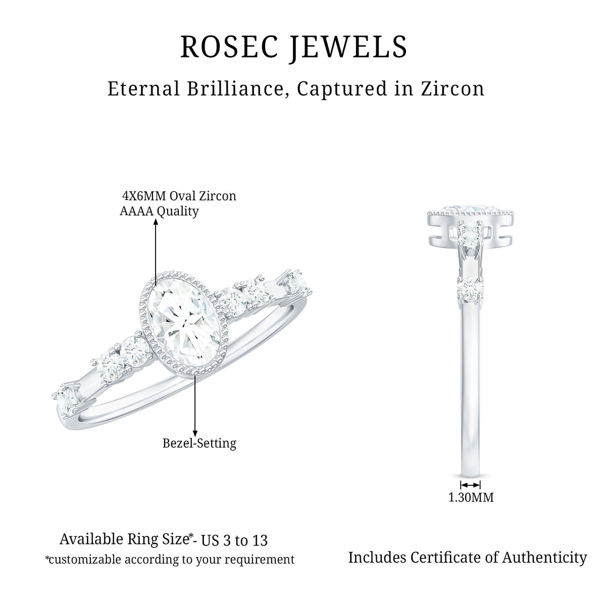 Oval shape zircon solitaire engagement ring with side stones, crafted by Rosec Jewels, featuring a sparkling central gemstone.