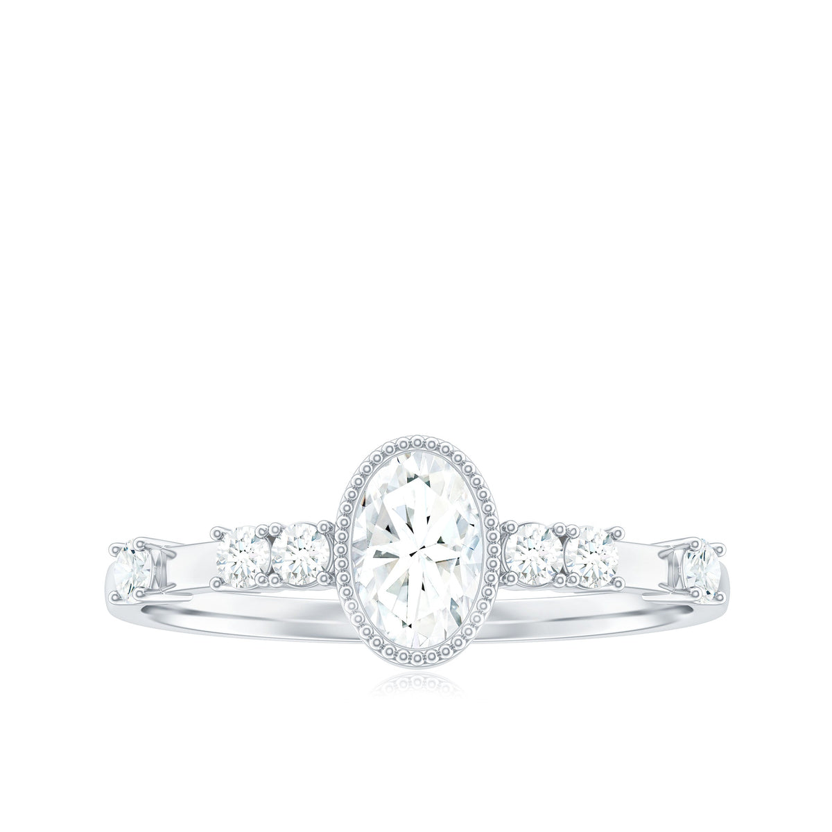 Oval shape zircon solitaire engagement ring with side stones from Rosec Jewels, featuring a sparkling central gemstone and elegant band.