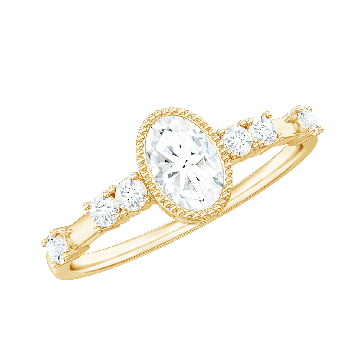 Oval shape zircon solitaire engagement ring with side stones from Rosec Jewels, featuring a central oval zircon and accented side stones.