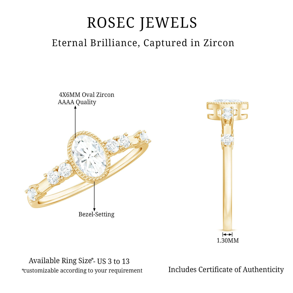 Oval shape Zircon solitaire engagement ring with side stones, featuring a silver band and intricate detailing from Rosec Jewels.