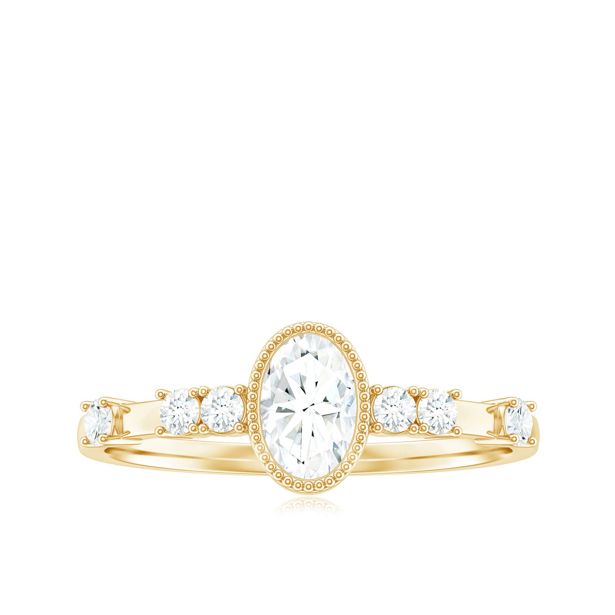 Oval shape zircon solitaire engagement ring with side stones by Rosec Jewels, featuring a sparkling central zircon and elegant band.