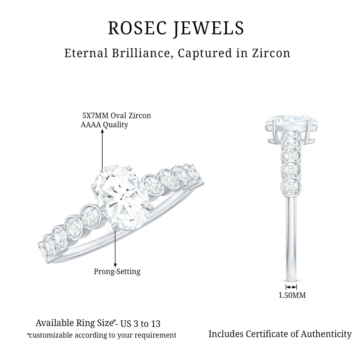 Rosec Jewels 1.75 CT prong set oval cut zircon solitaire engagement ring showcasing a sparkling oval gemstone on a silver band