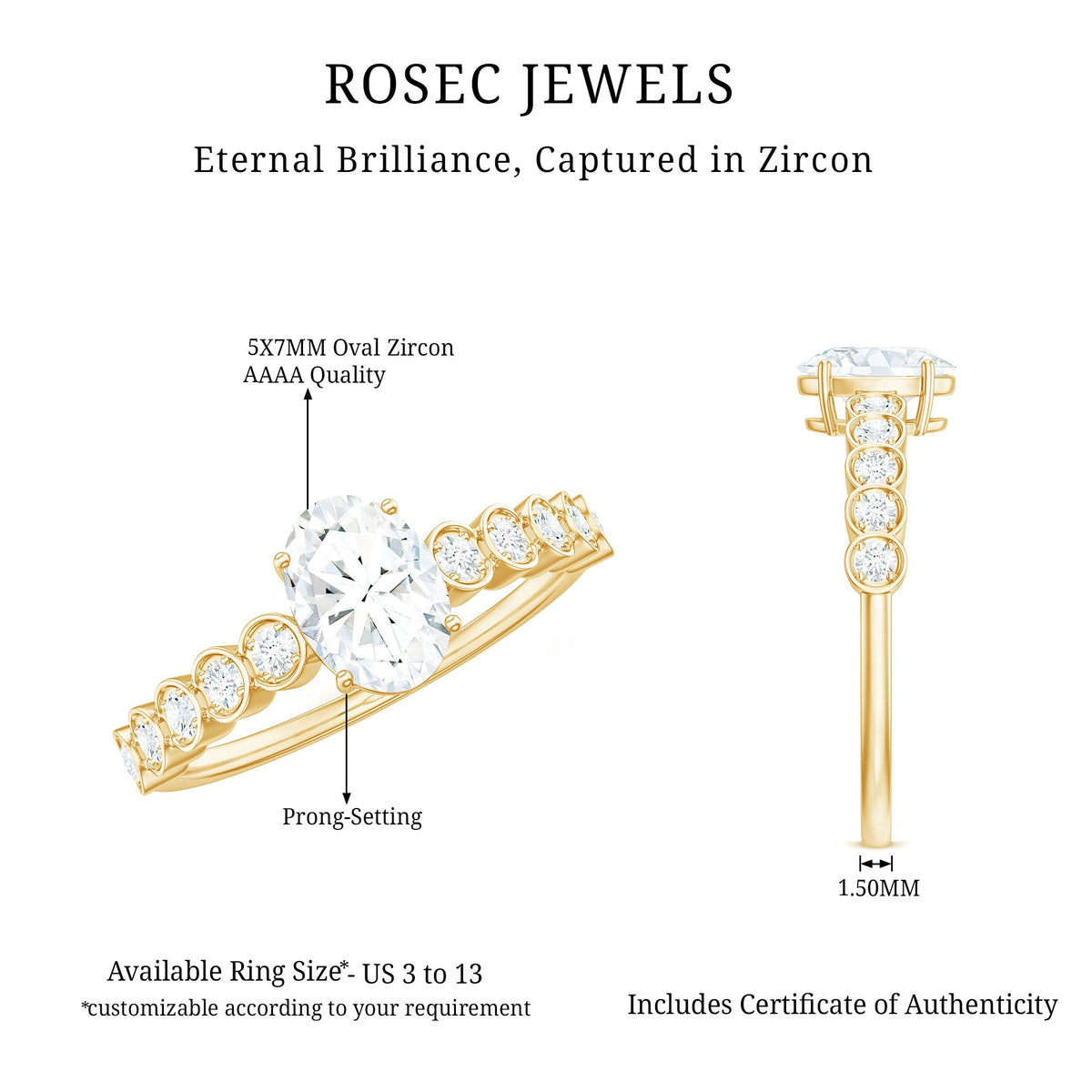 Rosec Jewels 1.75 CT prong set oval cut zircon solitaire engagement ring with a sleek band and sparkling stone.