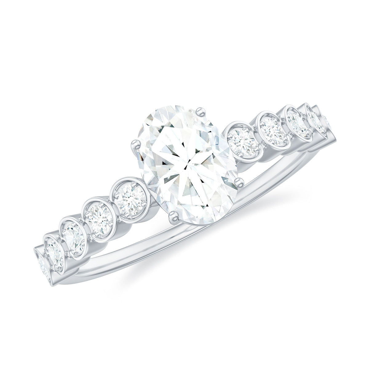 Oval cut Moissanite engagement ring with side stones, featuring a polished band and sparkling gemstone setting by Rosec Jewels.