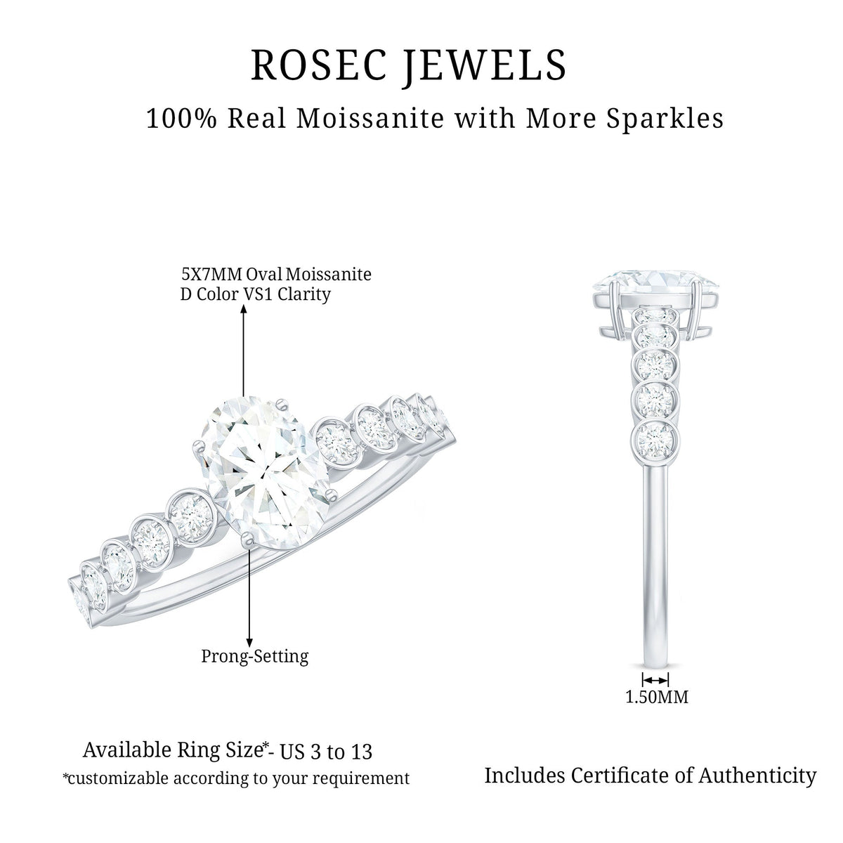 Rosec Jewels certified moissanite oval engagement ring with side stones, showcasing a sparkling center gemstone and elegant band.