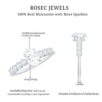 Rosec Jewels certified moissanite oval engagement ring with side stones, showcasing a sparkling center gemstone and elegant band.