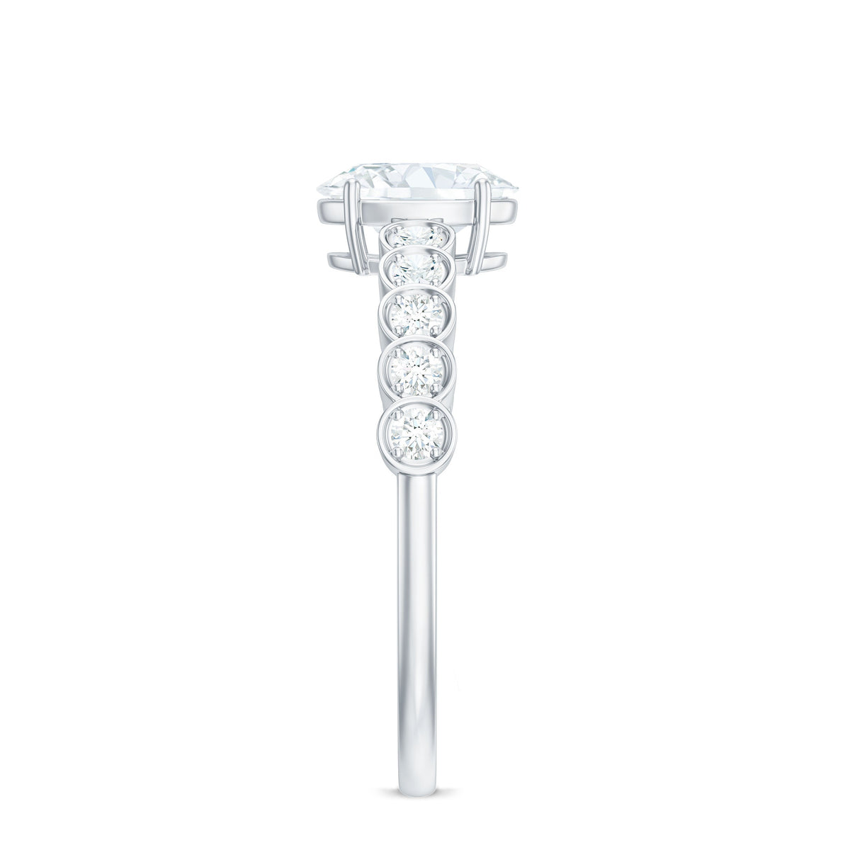 Oval cut Moissanite engagement ring with side stones by Rosec Jewels, showcasing a sparkling central gemstone and elegant band.