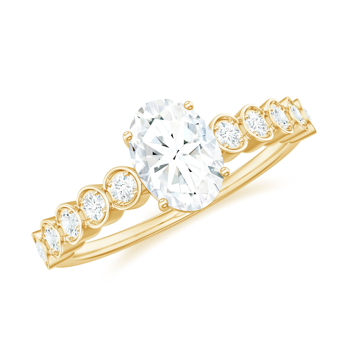 Rosec Jewels certified moissanite oval cut engagement ring with side stones, showcasing a sparkling center stone and detailed band.