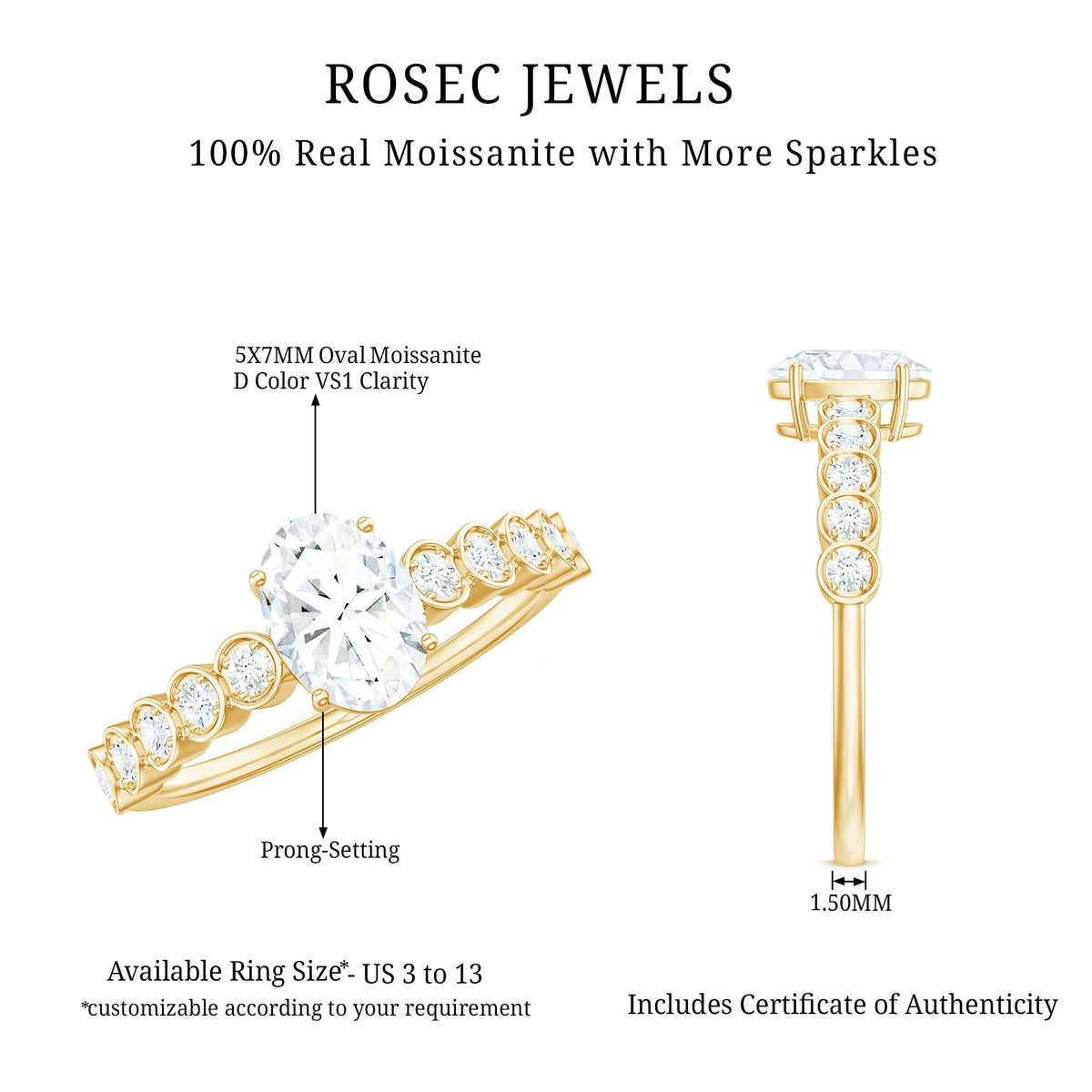 Rosec Jewels certified moissanite oval cut engagement ring with side stones, showcasing sparkling gemstone and elegant band design.