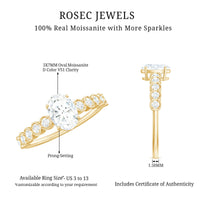 Rosec Jewels certified moissanite oval cut engagement ring with side stones, showcasing sparkling gemstone and elegant band design.