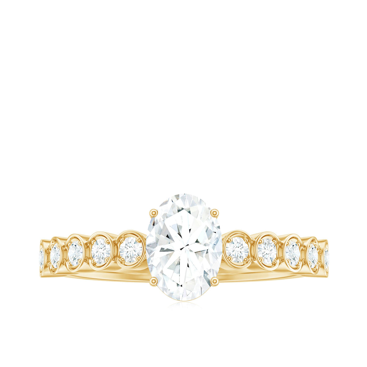 Certified Moissanite oval cut engagement ring with side stones from Rosec Jewels, showcasing a sparkling center stone and elegant band.