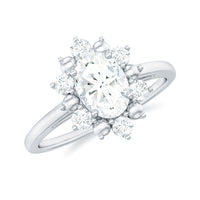 Certified oval Moissanite flower halo engagement ring with intricate band design, showcasing a sparkling center stone.