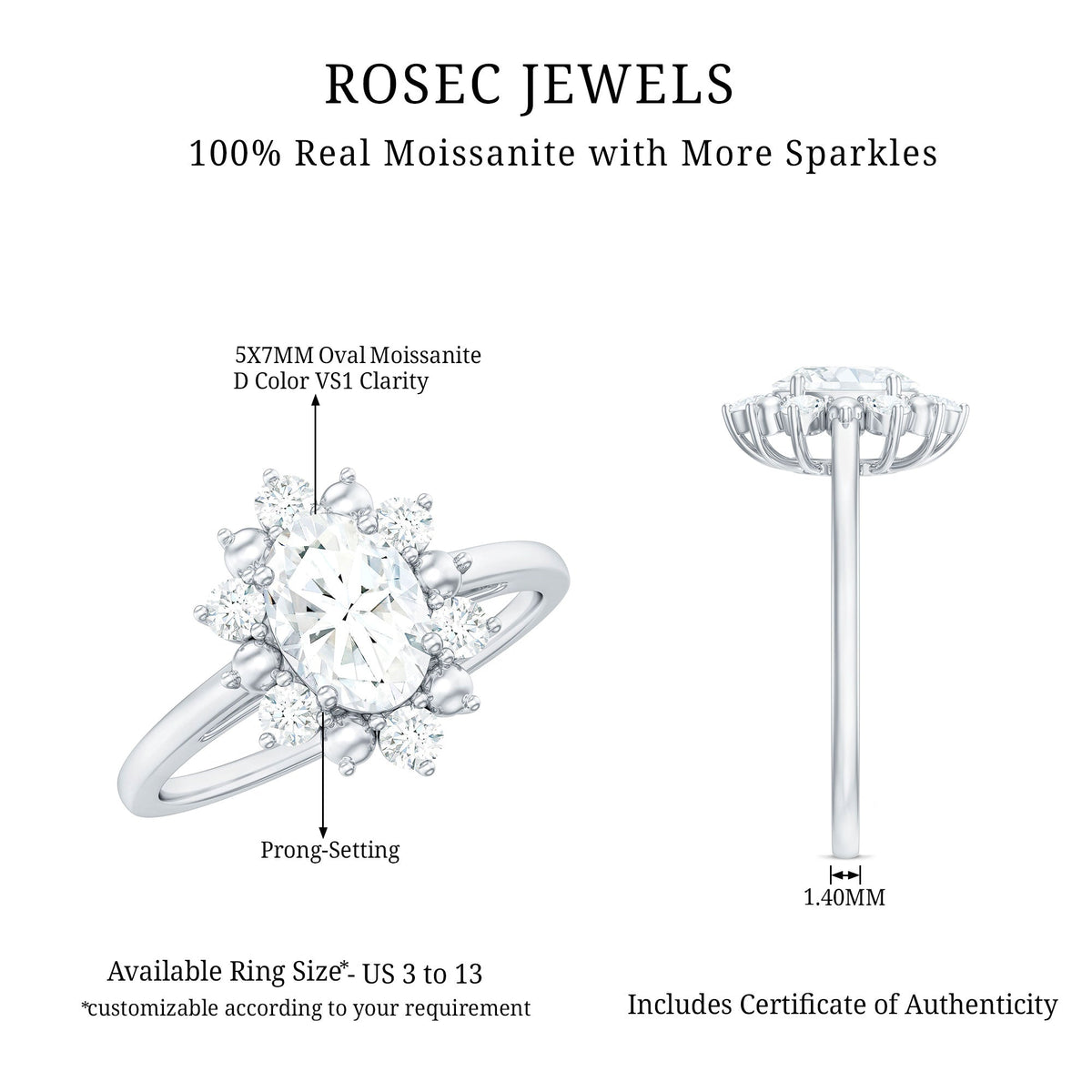 Certified oval moissanite flower halo engagement ring by Rosec Jewels featuring a sparkling central gemstone and intricate floral design.