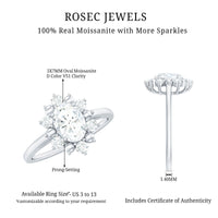 Certified oval moissanite flower halo engagement ring by Rosec Jewels featuring a sparkling central gemstone and intricate floral design.