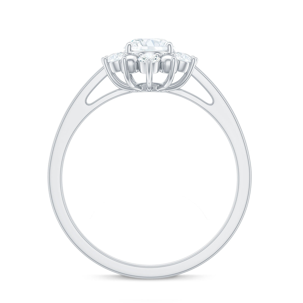 Oval moissanite flower halo engagement ring by Rosec Jewels featuring a sparkling center stone and intricate floral halo design.