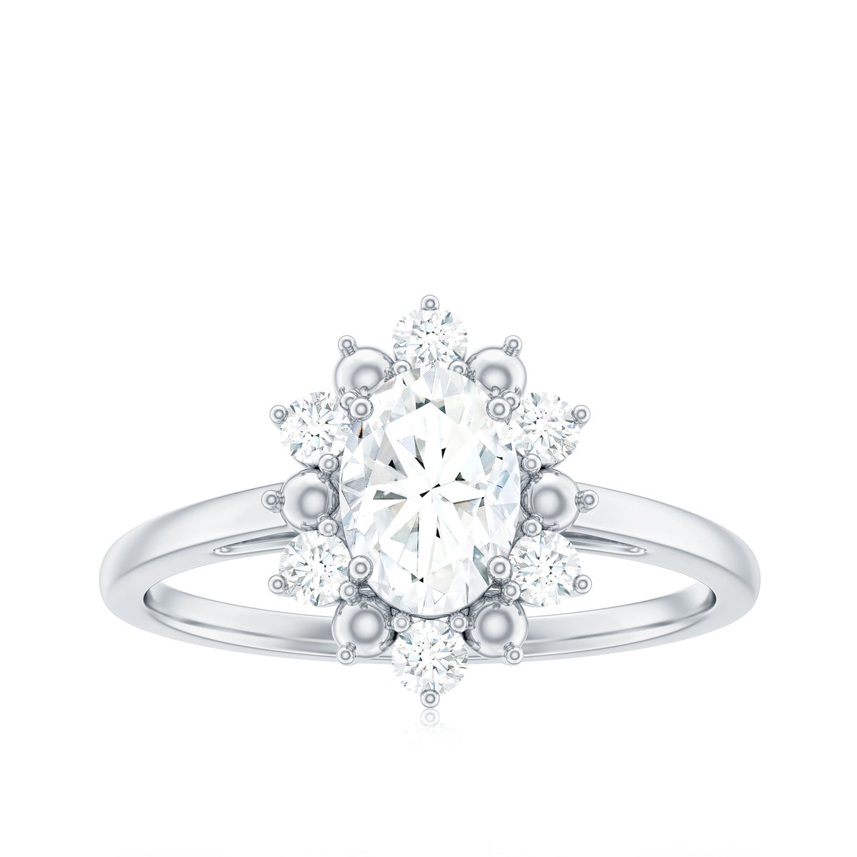 Certified oval moissanite flower halo engagement ring by Rosec Jewels featuring a detailed floral design and sparkling center stone.