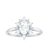 Certified oval moissanite flower halo engagement ring by Rosec Jewels featuring a detailed floral design and sparkling center stone.
