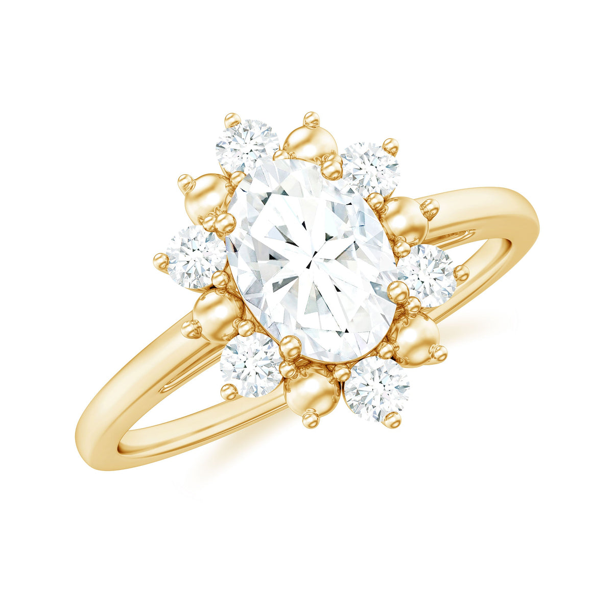 Oval moissanite flower halo engagement ring by Rosec Jewels, featuring a sparkling center stone surrounded by a floral halo design.