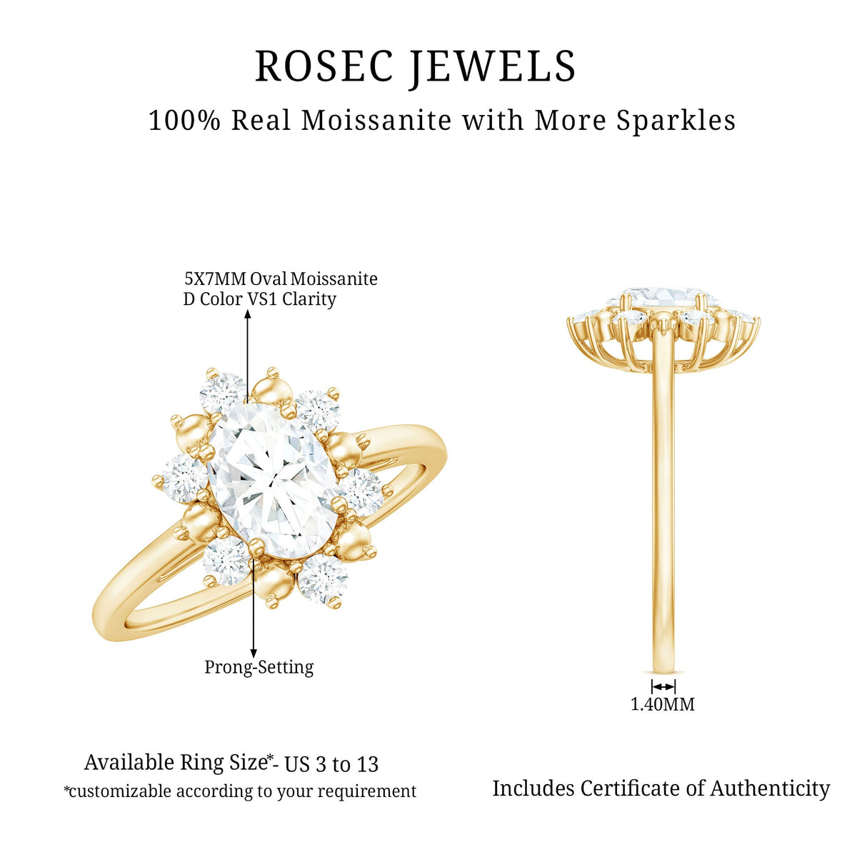 Oval moissanite flower halo engagement ring by Rosec Jewels with intricate floral design and sparkling gemstone accents.