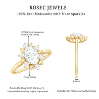 Oval moissanite flower halo engagement ring by Rosec Jewels with intricate floral design and sparkling gemstone accents.