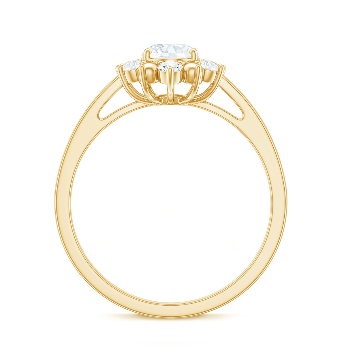 Certified oval moissanite flower halo engagement ring with intricate detailing and sparkling center stone by Rosec Jewels.
