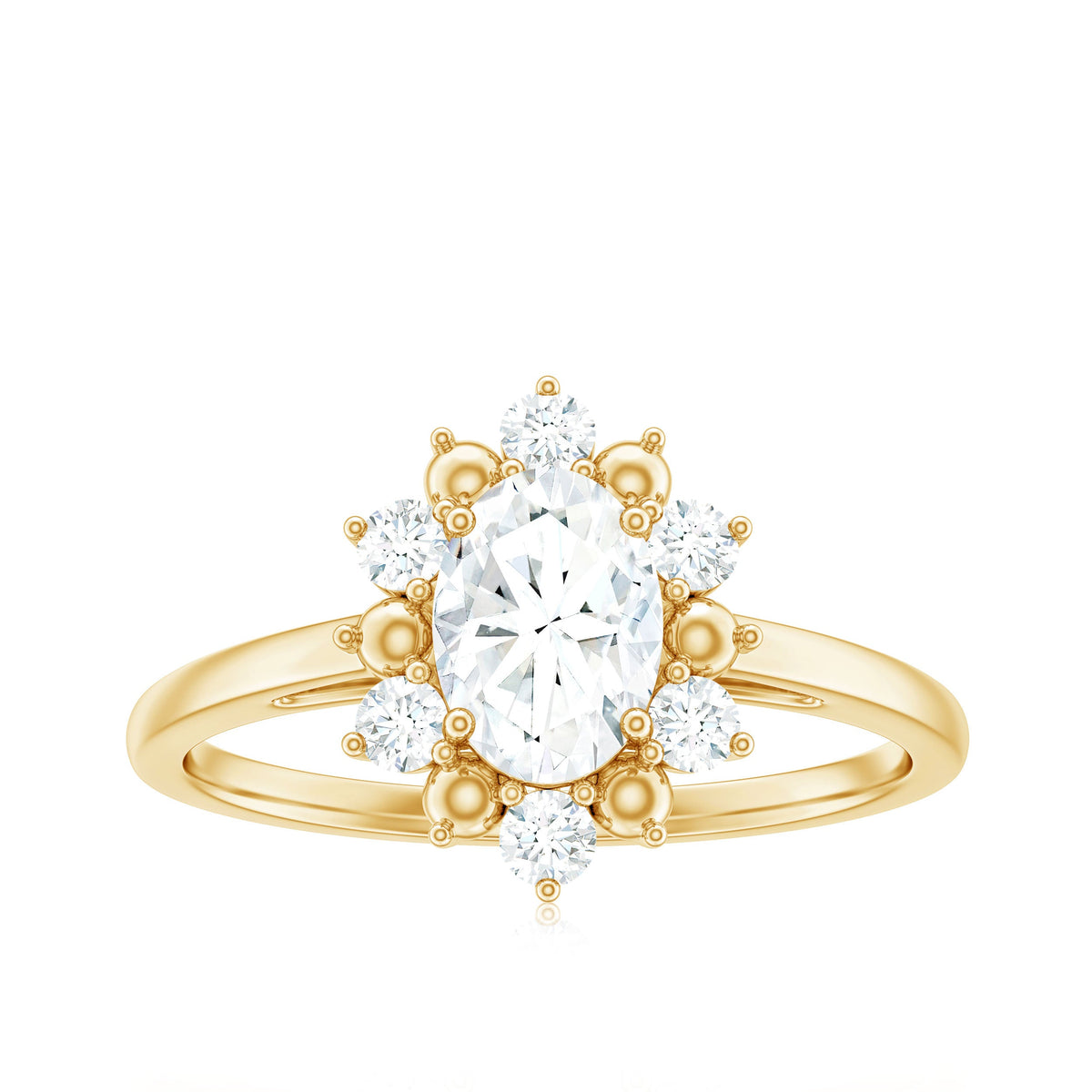 Certified oval moissanite flower halo engagement ring with intricate design, featuring sparkling center stone and delicate band by Rosec Jewels.