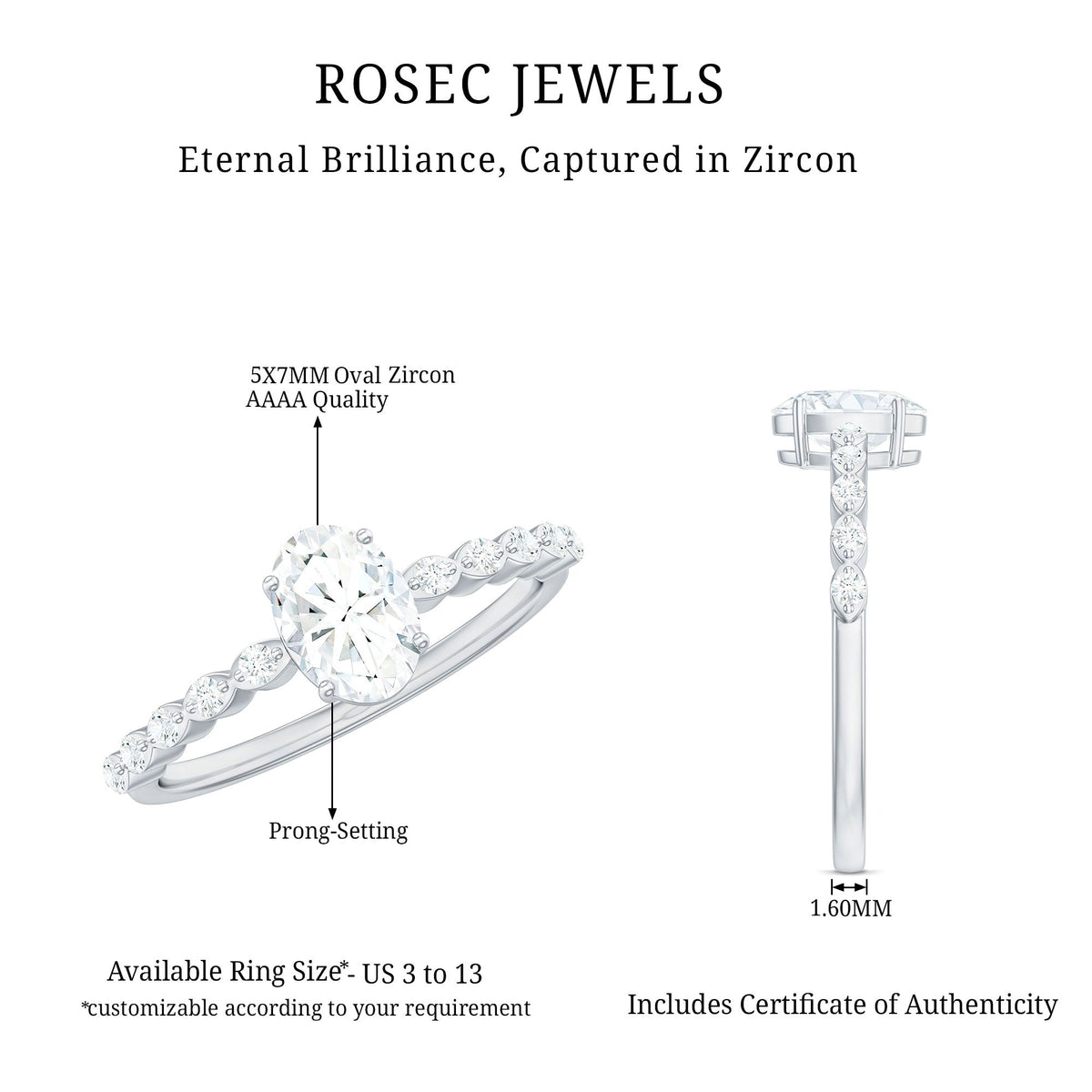 Rosec Jewels 1.75 CT oval cut zircon engagement ring with side stones, showcasing a sparkling solitaire design and intricate band details.