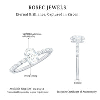 Rosec Jewels 1.75 CT oval cut zircon engagement ring with side stones, showcasing a sparkling solitaire design and intricate band details.