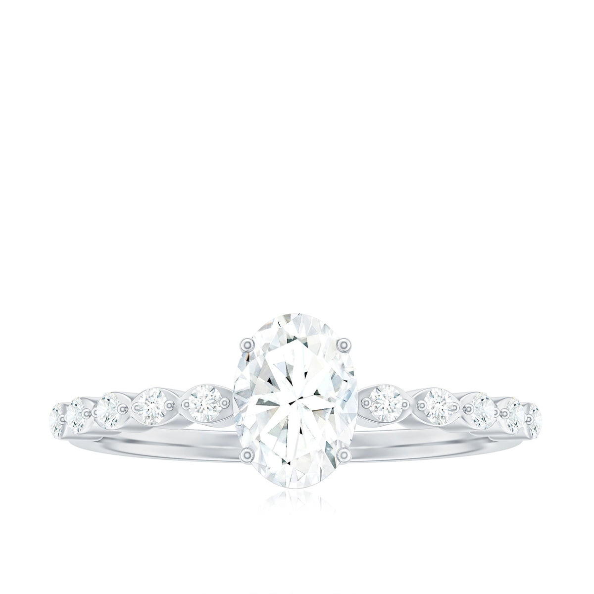 Oval cut 1.75 CT zircon solitaire engagement ring with side stones, featuring a polished band and detailed setting.