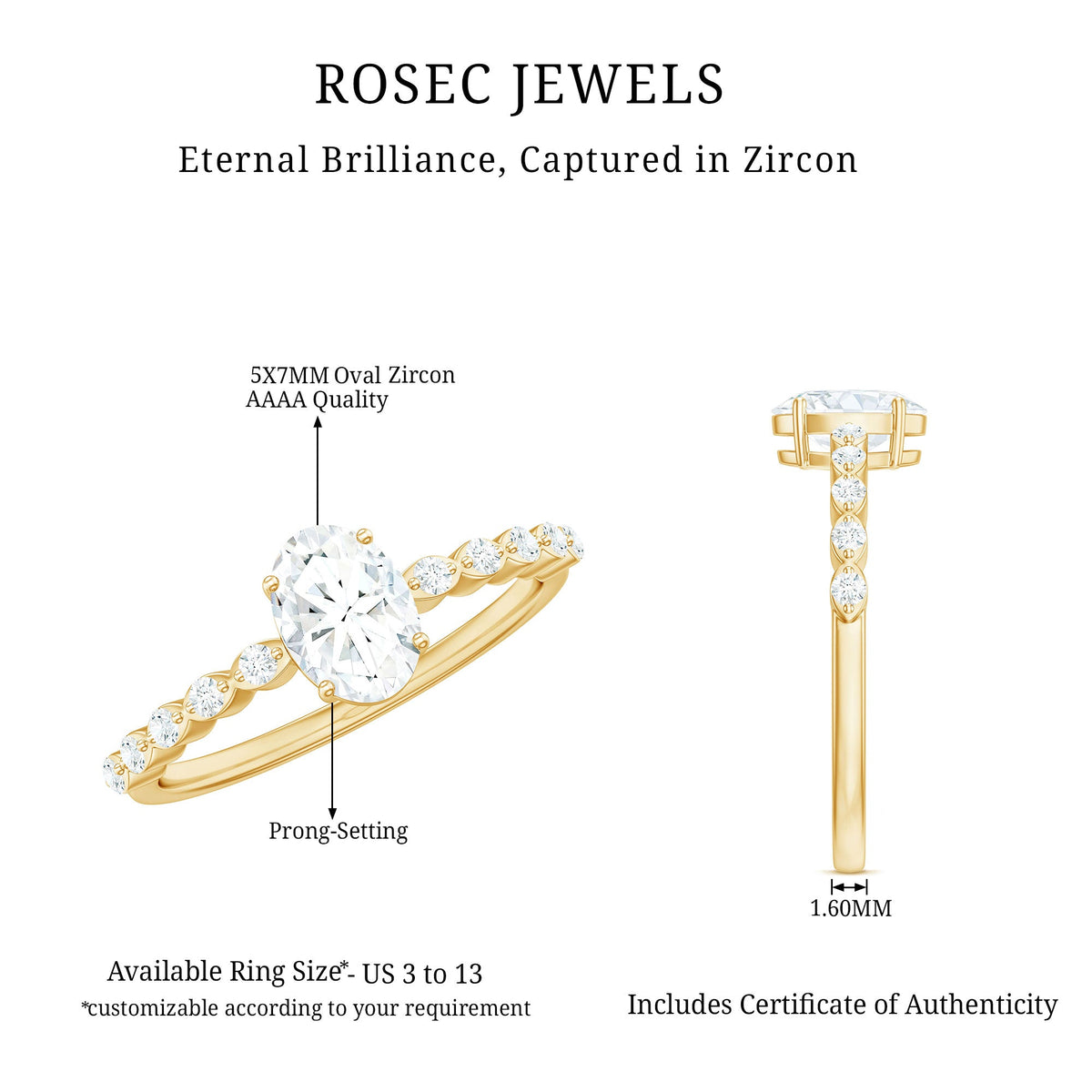Rosec Jewels 1.75 CT oval cut zircon engagement ring with side stones, showcasing a sparkling solitaire design and elegant band.