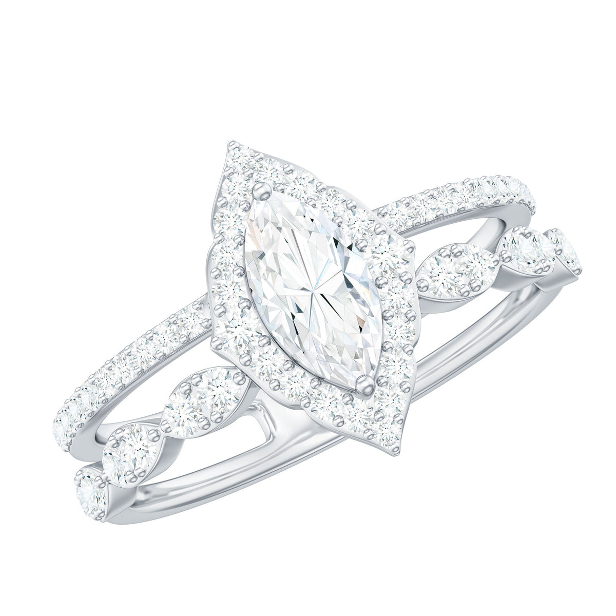 Marquise cut moissanite double band engagement ring by Rosec Jewels with certificate, showcasing sparkling stones on a sleek silver band.