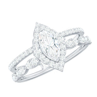 Marquise cut moissanite double band engagement ring by Rosec Jewels with certificate, showcasing sparkling stones on a sleek silver band.