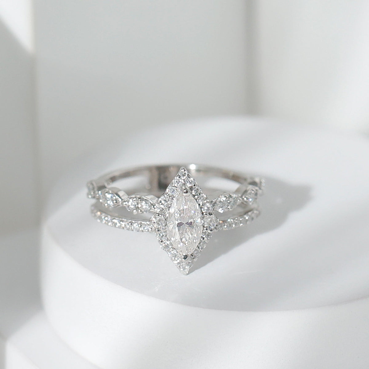 Rosec Jewels marquise cut moissanite double band engagement ring with certificate, featuring sparkling stones and intricate design.