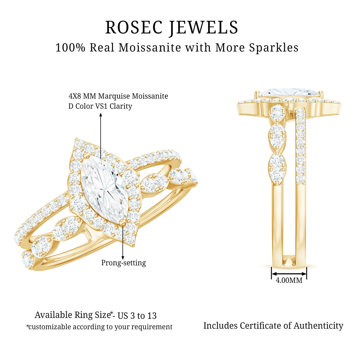 Marquise cut moissanite double band engagement ring by Rosec Jewels with certificate, featuring sparkling stones and intricate band design.
