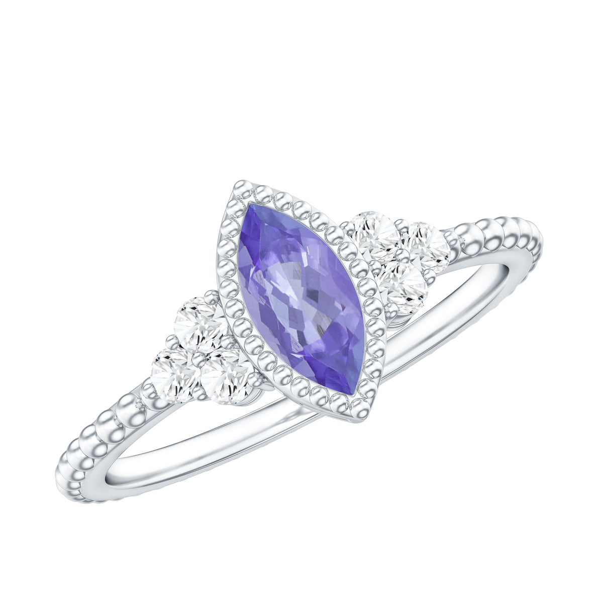 Vintage style marquise tanzanite promise ring with diamond trio from Rosec Jewels, showcasing intricate design and sparkling gemstones.