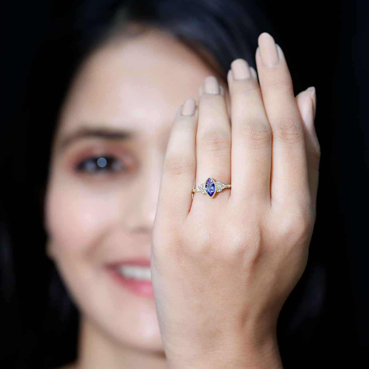 Vintage style Marquise Tanzanite promise ring with diamond trio, featuring elegant design and fine craftsmanship by Rosec Jewels