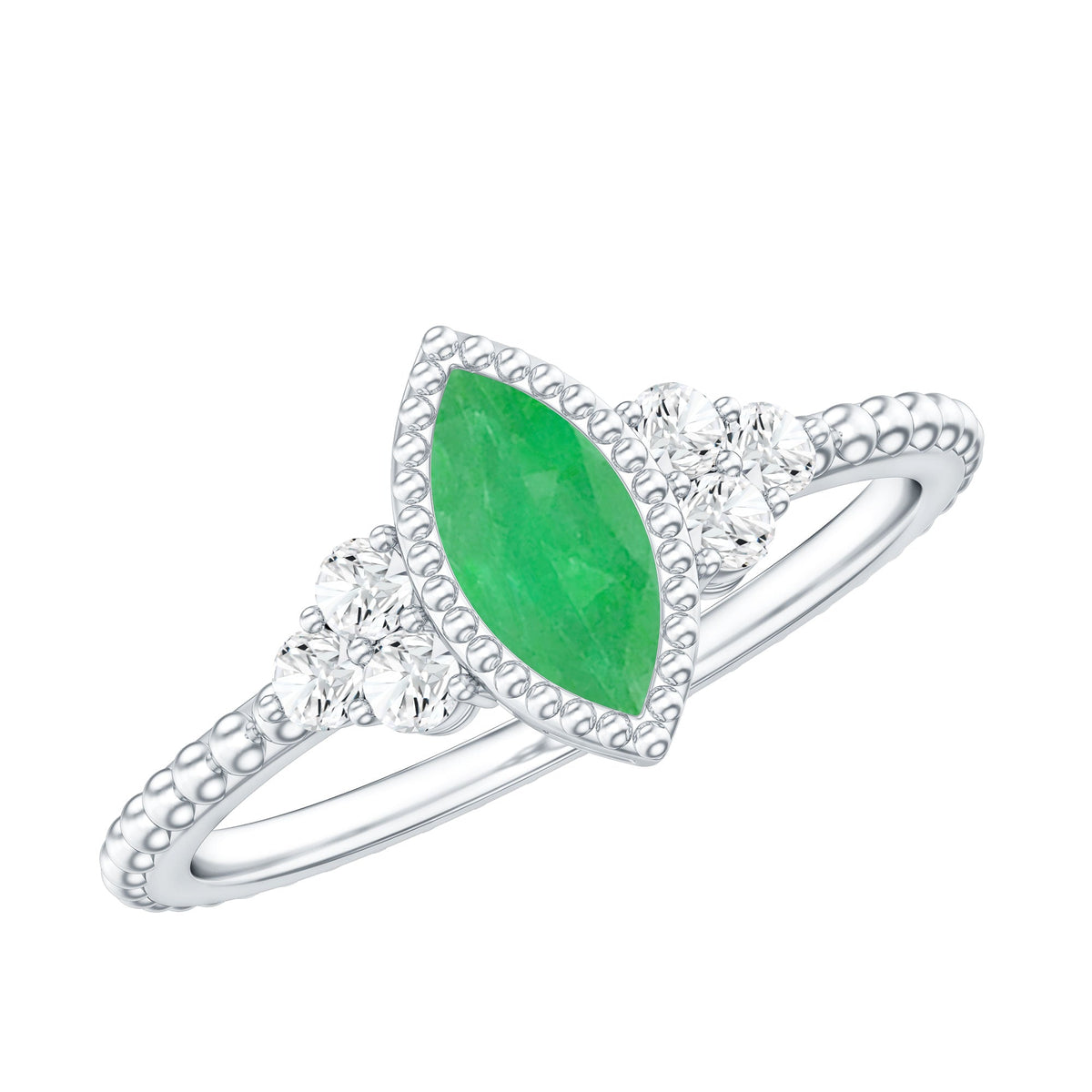 Vintage-inspired emerald engagement ring with trio diamonds from Rosec Jewels, showcasing a detailed gold band and sparkling stones.