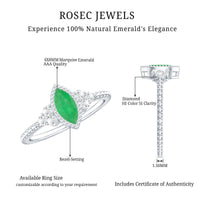 Vintage-inspired emerald promise engagement ring by Rosec Jewels featuring a central emerald and trio diamond accents.